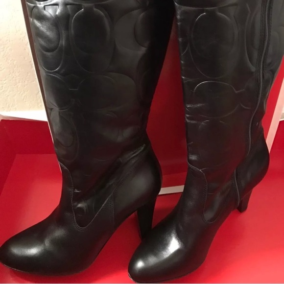 New Coach Black Leather Signature embossed boots 8 - Picture 1 of 6